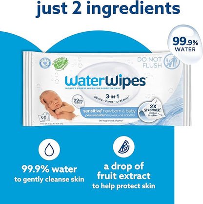 WaterWipes Sensitive+ Newborn & Baby Wipes, 3-In-1 Cleans, Cares, Protects, 99.9% Water, Unscented & Hypoallergenic, 60 Count