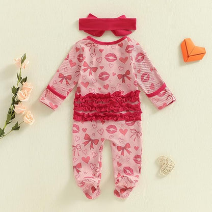 Newborn Baby Girl Valentines Day Outfit Ruffles Bow Footie Long Sleeve Romper Jumpsuit Bodysuit Overalls Fall Clothes