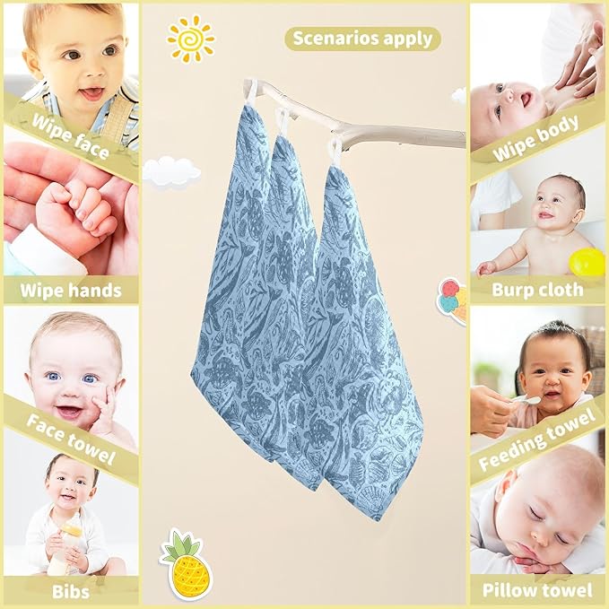 vvfelixl Whale Dolphin Octopus Shark Baby Burp Cloths Baby Muslin Washcloths for Boys Girls Cotton Baby Face Towel for Newborn Infants Soft and Absorbent 11.8 X 11.8 in, 5 Pack