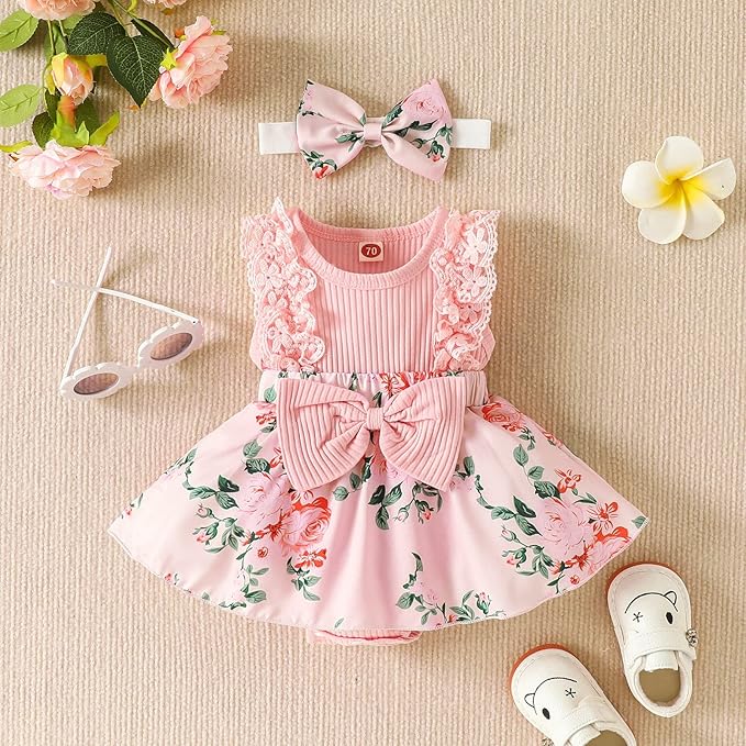 Baby Girl Clothes Newborn Romper Dress Infant Lace Ruffle Sleeveless Summer Outfits with Headband 0-12 Months
