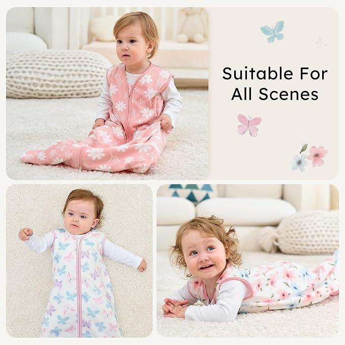 Baby Sleep Sack 18-24 months, 100% Cotton Sleeping Sack for Toddler, 3 Pack Baby Wearable Blanket, 0.5 Tog Lightweight Double Zipper Sleep Bag XLarge Pink Butterfly Flower