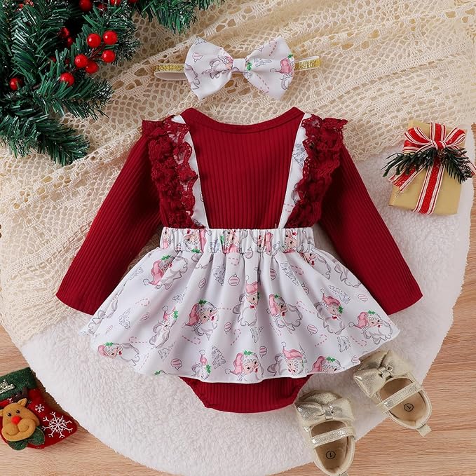 Hnyenmcko Newborn Baby Girl Christmas Clothes Infant Red Plaid Romper Dress Ruffle Long Sleeve Ribbed Bodysuit Headband Set
