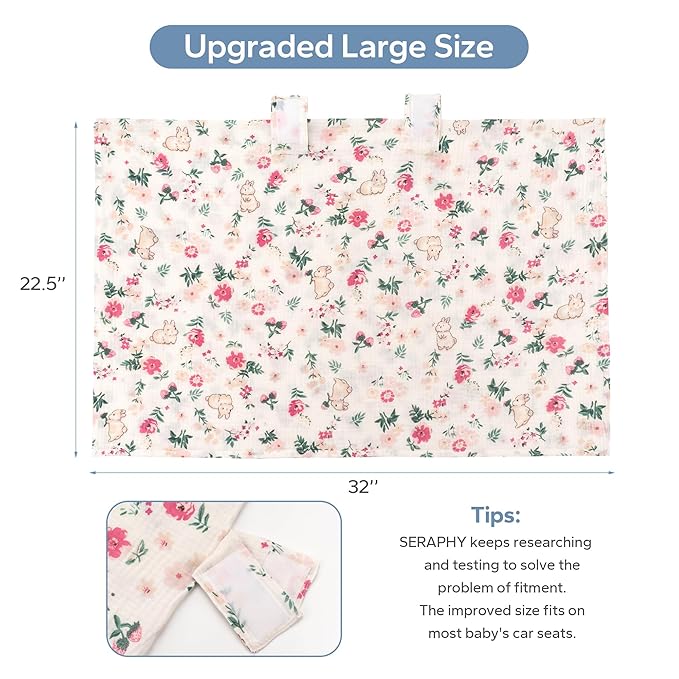SERAPHY 100% Muslin Cotton Car Seat Covers for Babies, Universal Baby Car Seat Cover, Breathable Muslin Carseat Cover Canopies for Boys and Girls, Soft Infant Car Seat Cover for Summer — Rabbits