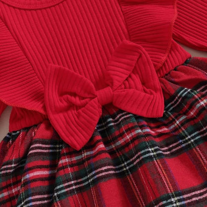 Hnyenmcko Newborn Baby Girl Christmas Clothes Infant Red Plaid Romper Dress Ruffle Long Sleeve Ribbed Bodysuit Headband Set