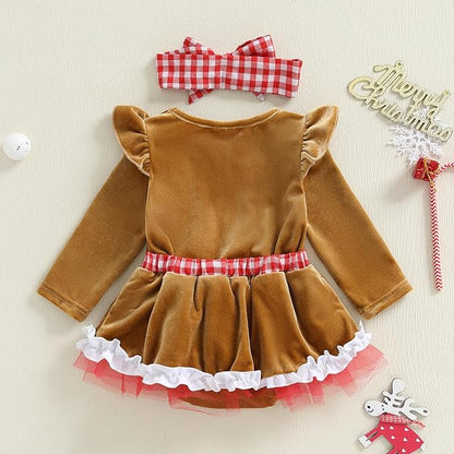 Hnyenmcko Newborn Baby Girl Christmas Clothes Infant Red Plaid Romper Dress Ruffle Long Sleeve Ribbed Bodysuit Headband Set