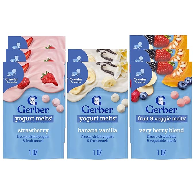 Gerber Stage 3 Baby Food Snacks, Strawberry, Banana Vanilla Yogurt Melts, Very Berry Fruit and Veggie Melts, Baby Led Feeding, 8-Pack