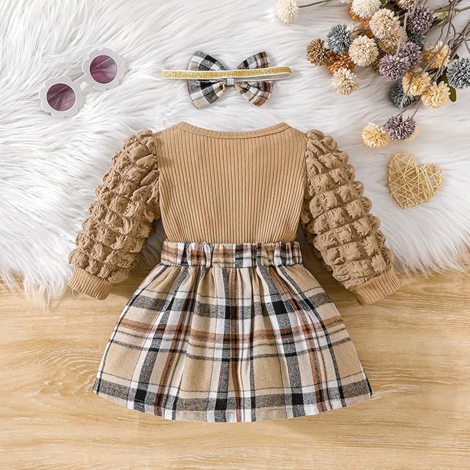 Toddler Baby Girl Plaid Dress Puff Sleeve Bow Patchwork Ribbed Shirts Dress Plaid Fall Winter Outfits with Headband