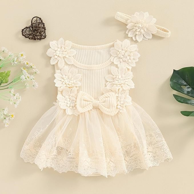 Infant Baby Girl Lace Romper Baby Tulle Dress Romper Flowers Bodysuit Spring Summer Festival Clothes with Headband