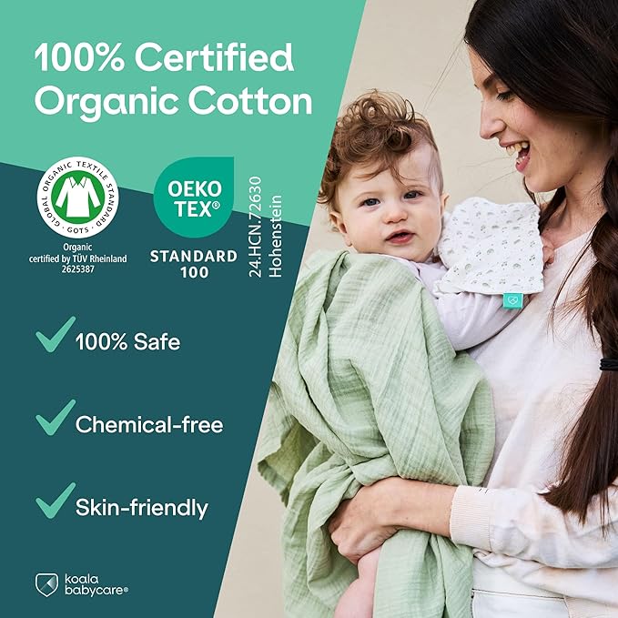 Koala Babycare 5 Pack 20"x10" Muslin Burp Cloths for Baby Boys and Girls - GOTS & Oeko-TEX Cotton Burp Rags for Newborns - Absorbent Neutral Burping Cloths for Feeding - Washable Baby Bibs Essentials