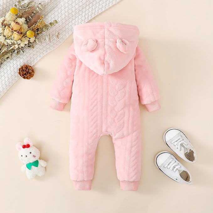 Saeaby Newborn Baby Girl Boy Clothes Fall Winter Infant Long Sleeve Fleece Jumpsuit Romper Hooded Baby Snowsuit Bear Outfit
