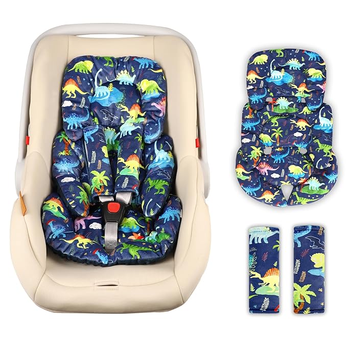 Infant Car Seat Insert Cushion, Baby Car Seat Head Body Support for Girls & Boys, Reversible Newborn Car Seat Insert with 2 Extra Strap Paddings, Premature Car Seat Cushion, Dinosaur
