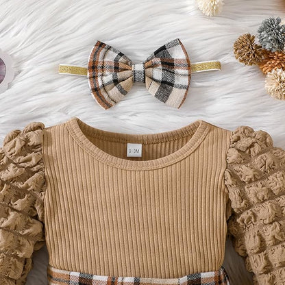 Toddler Baby Girl Plaid Dress Puff Sleeve Bow Patchwork Ribbed Shirts Dress Plaid Fall Winter Outfits with Headband