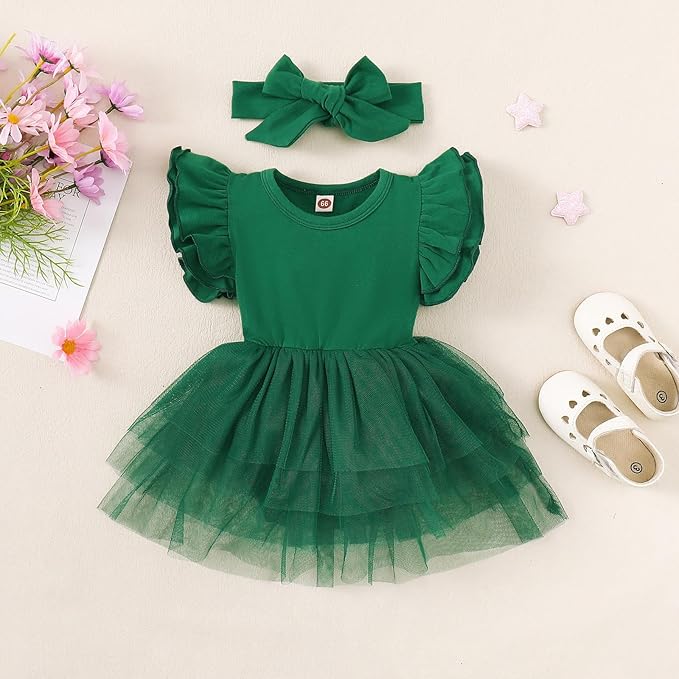 Baby Girl Clothes Infant Ruffle Sleeve Romper Dress Newborn Solid Tutu Skirt Sets Jumpsuit Headband Outfit