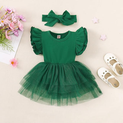 Baby Girl Clothes Infant Ruffle Sleeve Romper Dress Newborn Solid Tutu Skirt Sets Jumpsuit Headband Outfit