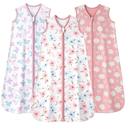 Baby Sleep Sack 6-12 months, 100% Cotton Sleeping Sack for Newborn and Infant, 3 Pack Baby Wearable Blanket, 0.5 Tog Lightweight Double Zipper Sleep Bag Medium Pink Butterfly Flower