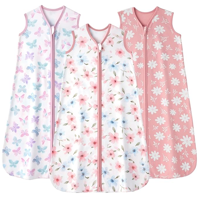 Baby Sleep Sack 18-24 months, 100% Cotton Sleeping Sack for Toddler, 3 Pack Baby Wearable Blanket, 0.5 Tog Lightweight Double Zipper Sleep Bag XLarge Pink Butterfly Flower