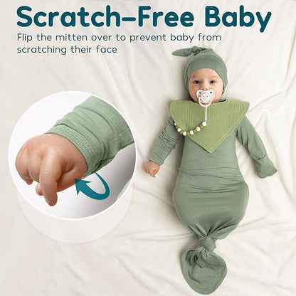 2PK Ultra Soft Knotted Newborn Sleep Gown for Baby Girls Boy- Coming Home Hospital Outfit with Hat, Bow, Clip & Drool Bib Set