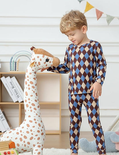 JunNeng Bamboo Viscose Pajamas for Toddler Boys, Baby Kids Diamond Pajamas Snug Fit Long Sleeve Sleeper