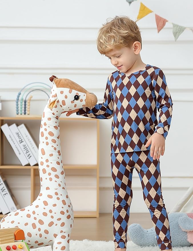 JunNeng Bamboo Viscose Pajamas for Toddler Boys, Baby Kids Diamond Pajamas Snug Fit Long Sleeve Sleeper
