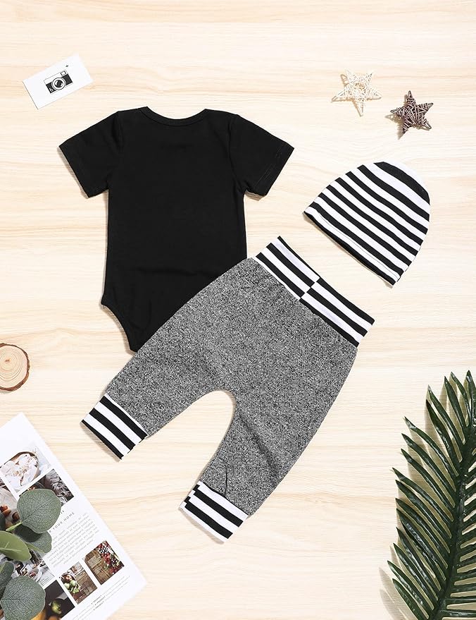 Fommy Newborn Baby Boy Clothes New to The Crew Letter Print Romper+ Pants+Hat 3PCS Outfit