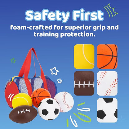 Neliblu Set of 5 Foam Balls for Kids - Toddler Toys Set with Soccer, Basketball, Football, Baseball, and Tennis - Soft Indoor and Outdoor Baby Balls for Toddlers - Kids Outdoor Toys for Active Play