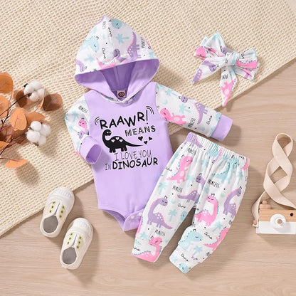 Newborn Infant Baby Girl Dinosaur Outfit Long Sleeve Hoodie Romper Bodysuit and Pants with Headband Set