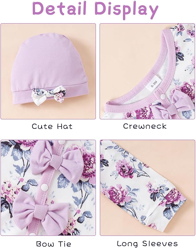 Mioglrie Newborn Baby Girl Clothes Long Sleeve Romper Infant Fall Winter Outfits Floral Hat Jumpsuit Preemie Girl Clothes