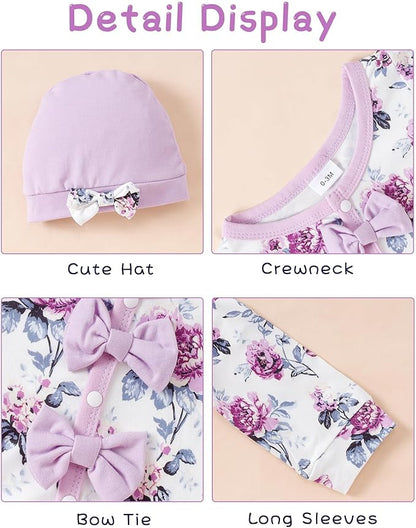 Mioglrie Newborn Baby Girl Clothes Long Sleeve Romper Infant Fall Winter Outfits Floral Hat Jumpsuit Preemie Girl Clothes