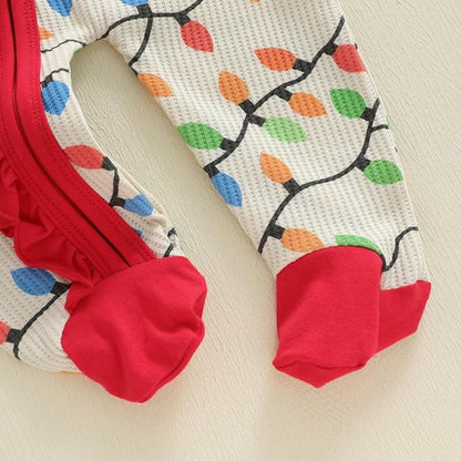 Baby Girl Boy Christmas Outfit Long Sleeve Lights Zipper Footie Romper Cute Newborn Infant Waffle Jumpsuit