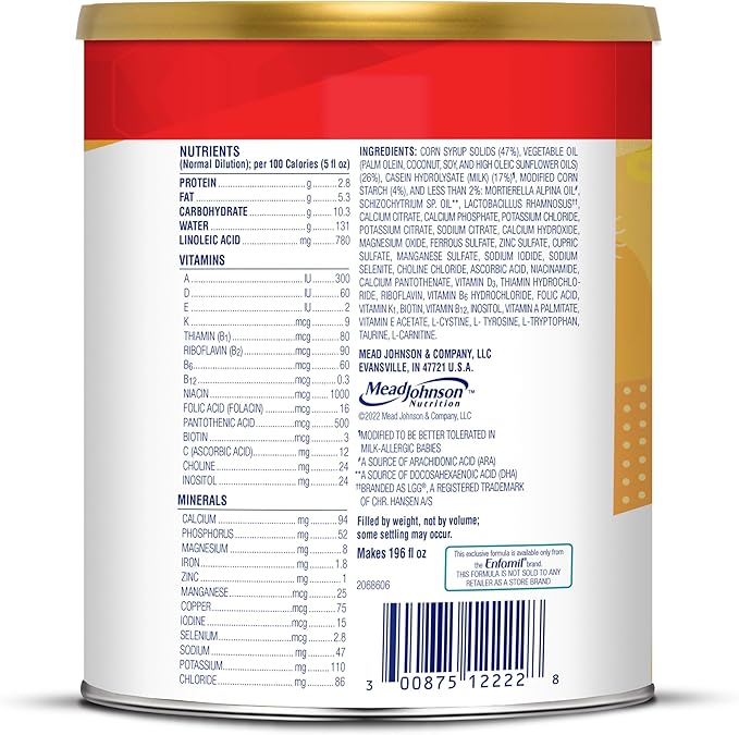 Enfamil Nutramigen Hypoallergenic Baby Formula with Iron, Lactose Free, Colic Relief from Cow's Milk Allergy Starts in 24 Hours, Brain Building DHA, Probiotic LGG for Immune Support, 27.8 Oz Can (Pack of 2)