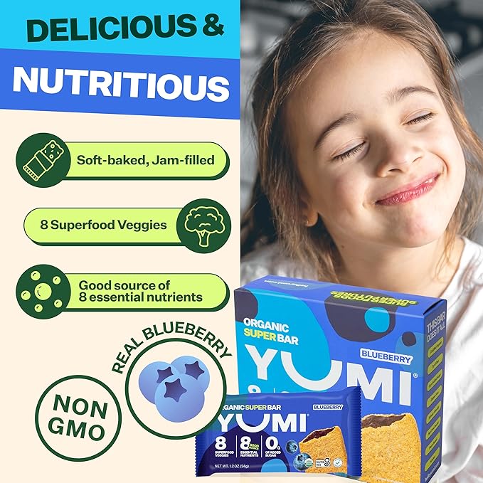 YUMI Organic Breakfast Superbar, Gluten-Free, No Added Sugar, 7+ Vegetables, Soft-Baked Crust, Healthy Snack Bars for Kids, School Safe, Healthy Alternative to Granola Bars or Cereal Bars, Blueberry (30ct)