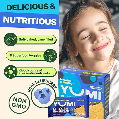 YUMI Organic Breakfast Superbar, Gluten-Free, No Added Sugar, 7+ Vegetables, Soft-Baked Crust, Healthy Snack Bars for Kids, School Safe, Healthy Alternative to Granola Bars or Cereal Bars, Blueberry (30ct)