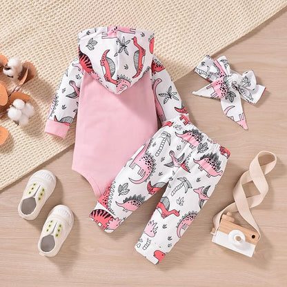 Newborn Infant Baby Girl Dinosaur Outfit Long Sleeve Hoodie Romper Bodysuit and Pants with Headband Set