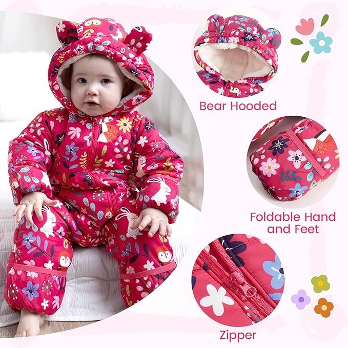 JiAmy Baby Snowsuit Baby Printed Winter Clothes With Flod-Over Girl Boy Hooded Outfits Jumpsuit Coat
