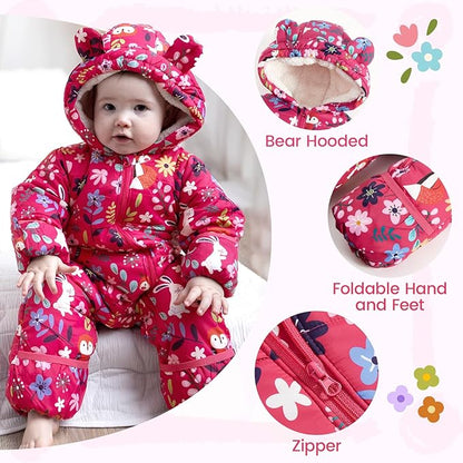 JiAmy Baby Snowsuit Baby Printed Winter Clothes With Flod-Over Girl Boy Hooded Outfits Jumpsuit Coat