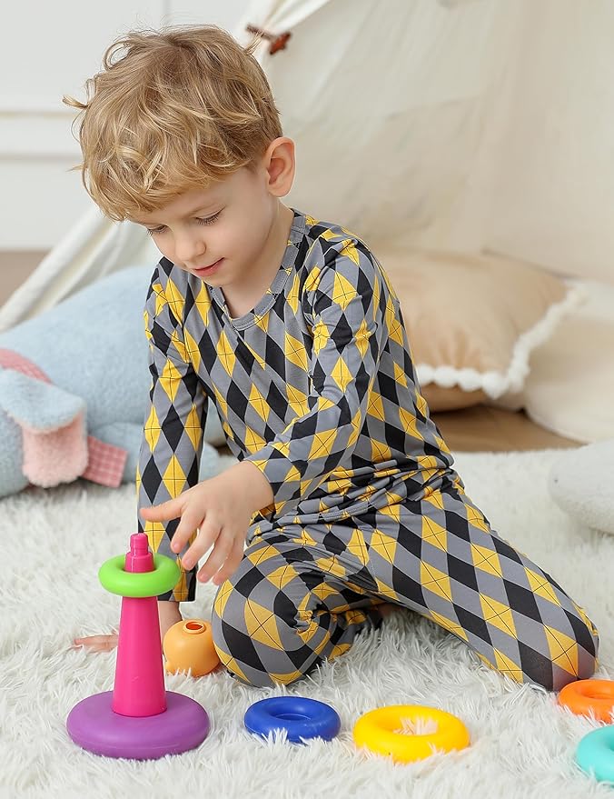 JunNeng Bamboo Viscose Pajamas for Toddler Boys, Baby Kids Diamond Pajamas Snug Fit Long Sleeve Sleeper