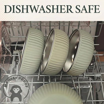 Monkey Proof™ Non-Toxic Stainless Steel Child Bowl 5” with Non-Slip Grooved Silicone Shell, (Set of 4 bowls) Unbreakable, Mess Free Feeding for Babies, Toddlers, Kids, BPA free (Olive Green Grooved)