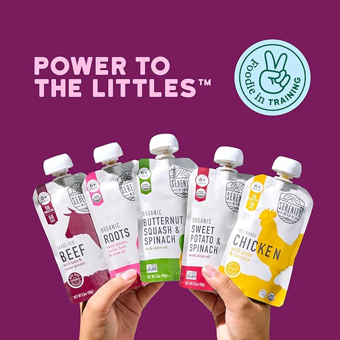 Serenity Kids 6+ Months Baby Food Pouches - 5g Protein Nutrient-Packed Organic Baby Food - No Added Sugar & Veggie-Packed Toddler Snack - On-the-Go Pouch for Toddler Meals - 8 Count, 3.5 oz