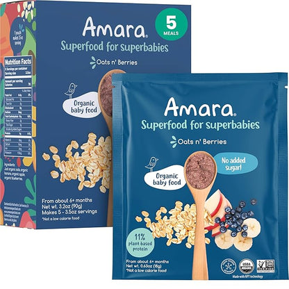 Amara Organic Baby Food - Stage 2 - Oats & Berries - Baby Cereal to Mix With Breastmilk & Water - Shelf Stable Baby Food Pouches Made from Organic Fruit and Veggies - 5 Pouches, 3.5oz Per Serving