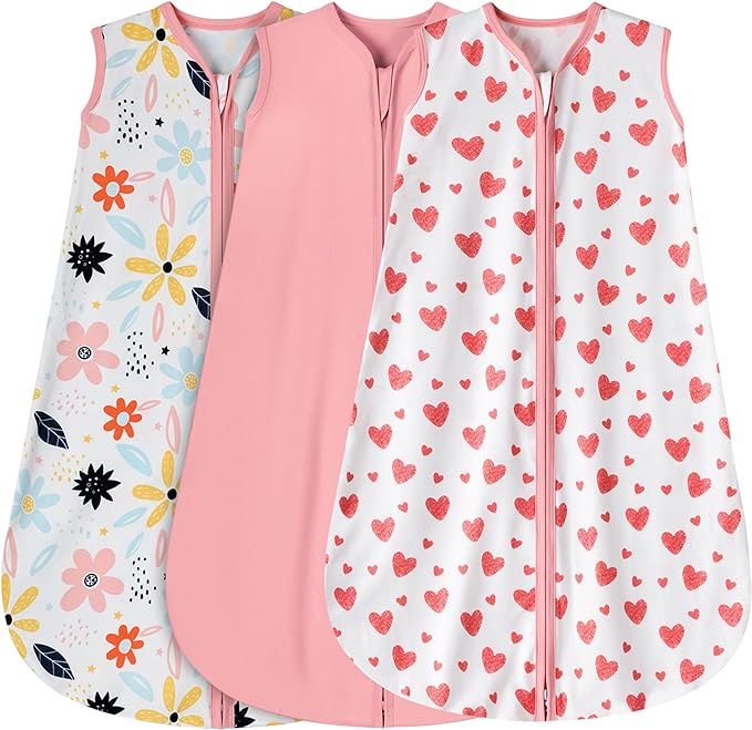 3 Pack Baby Sleep Sack 18-24 Months 100% Rayon Cotton Baby Sleeping Bag 2-Way Zipper Toddler Wearable Blankets Comfy Stretchy Lightweight TOG 0.3 （Heart&Pink&Floral）