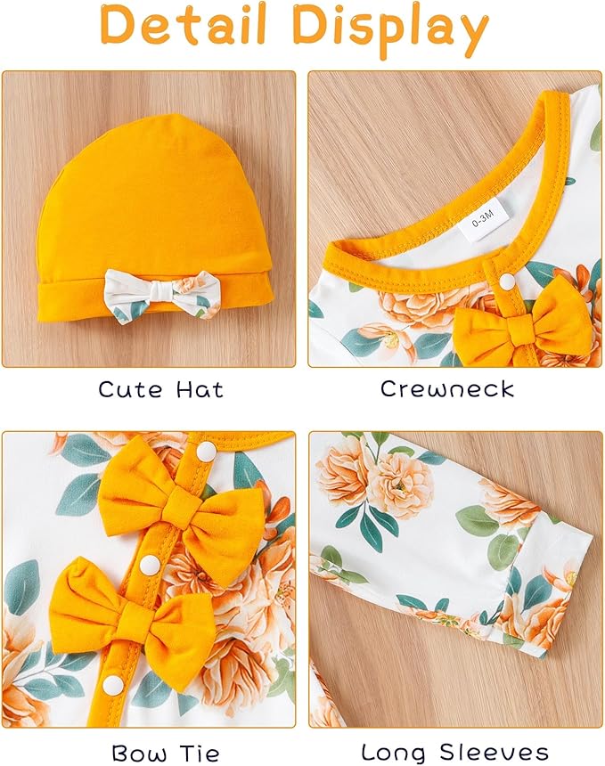 Mioglrie Newborn Baby Girl Clothes Long Sleeve Romper Infant Fall Winter Outfits Floral Hat Jumpsuit Preemie Girl Clothes