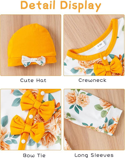 Mioglrie Newborn Baby Girl Clothes Long Sleeve Romper Infant Fall Winter Outfits Floral Hat Jumpsuit Preemie Girl Clothes