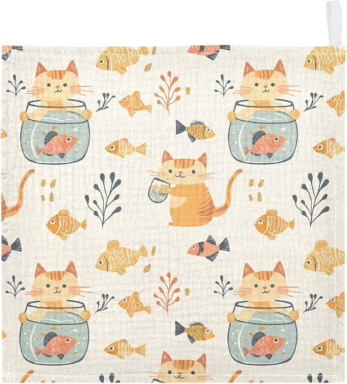 vvfelixl Baby Muslin Washcloths Cat Watch Fish Tank Baby Burp Cloths Cotton Babys Face Towel for Newborn Infants Boys Girls Soft and Absorbent 11.8 X 11.8 in, 3 Pack