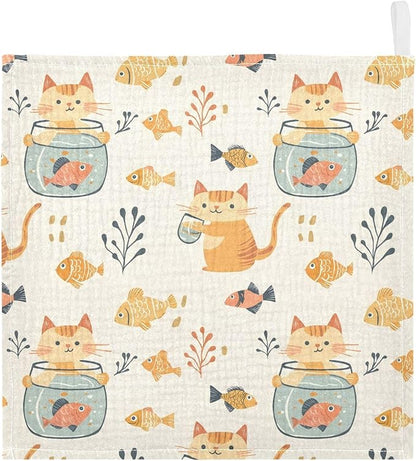 vvfelixl Baby Muslin Washcloths Cat Watch Fish Tank Baby Burp Cloths Cotton Babys Face Towel for Newborn Infants Boys Girls Soft and Absorbent 11.8 X 11.8 in, 3 Pack