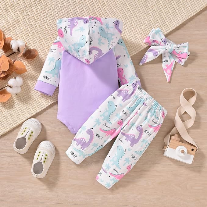 Newborn Infant Baby Girl Dinosaur Outfit Long Sleeve Hoodie Romper Bodysuit and Pants with Headband Set
