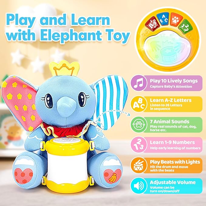 Baby Toys 6-12 Months, Elephant Musical Plush with Lights, ABCs, Animal Sounds, Numbers, Infant Early Learning Toy,Christmas Birthday Gifts for 6+ Month Boys &Girls