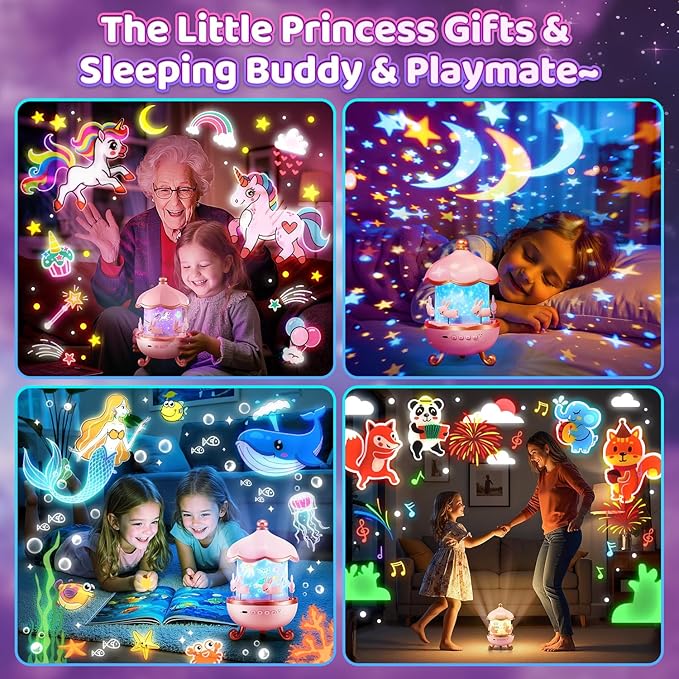 One Fire Princess Gifts for Girls Toys, 15 Music+15 Films+315 Colors Night Light Projector, 360°+Remote+Cordless Star Projector for Kids, Mermaid Gifts for Girls Room Decor, Pink Baby Toddler Toys