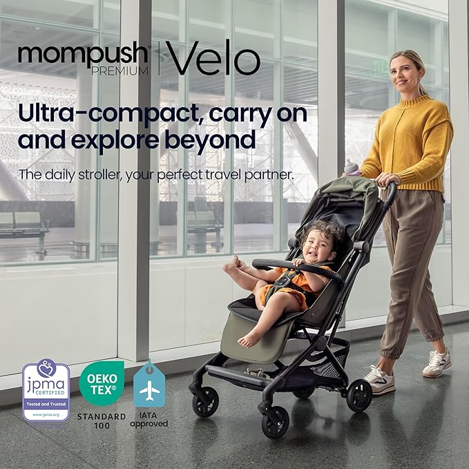 Mompush Velo Lightweight Travel Stroller, Compact & Airplane-Friendly for Baby and Toddler, Lie-Flat Seat, One-Hand Fold, with Leather Bumper Bar, Shoulder Strap, Raincover, Storage Bag & Cup Holder