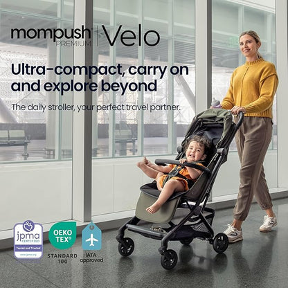 Mompush Velo Lightweight Travel Stroller, Compact & Airplane-Friendly for Baby and Toddler, Lie-Flat Seat, One-Hand Fold, with Leather Bumper Bar, Shoulder Strap, Raincover, Storage Bag & Cup Holder