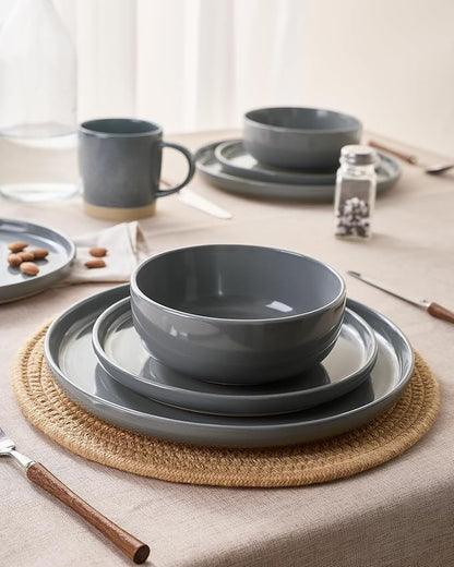 Famiware Milkyway Stoneware Dinnerware Sets with Mugs, Service for 4 (16pcs), Plates and Bowls Sets, Scratch Resistant, Microwave and Dishwasher Safe Dishes Set, Dark Gray